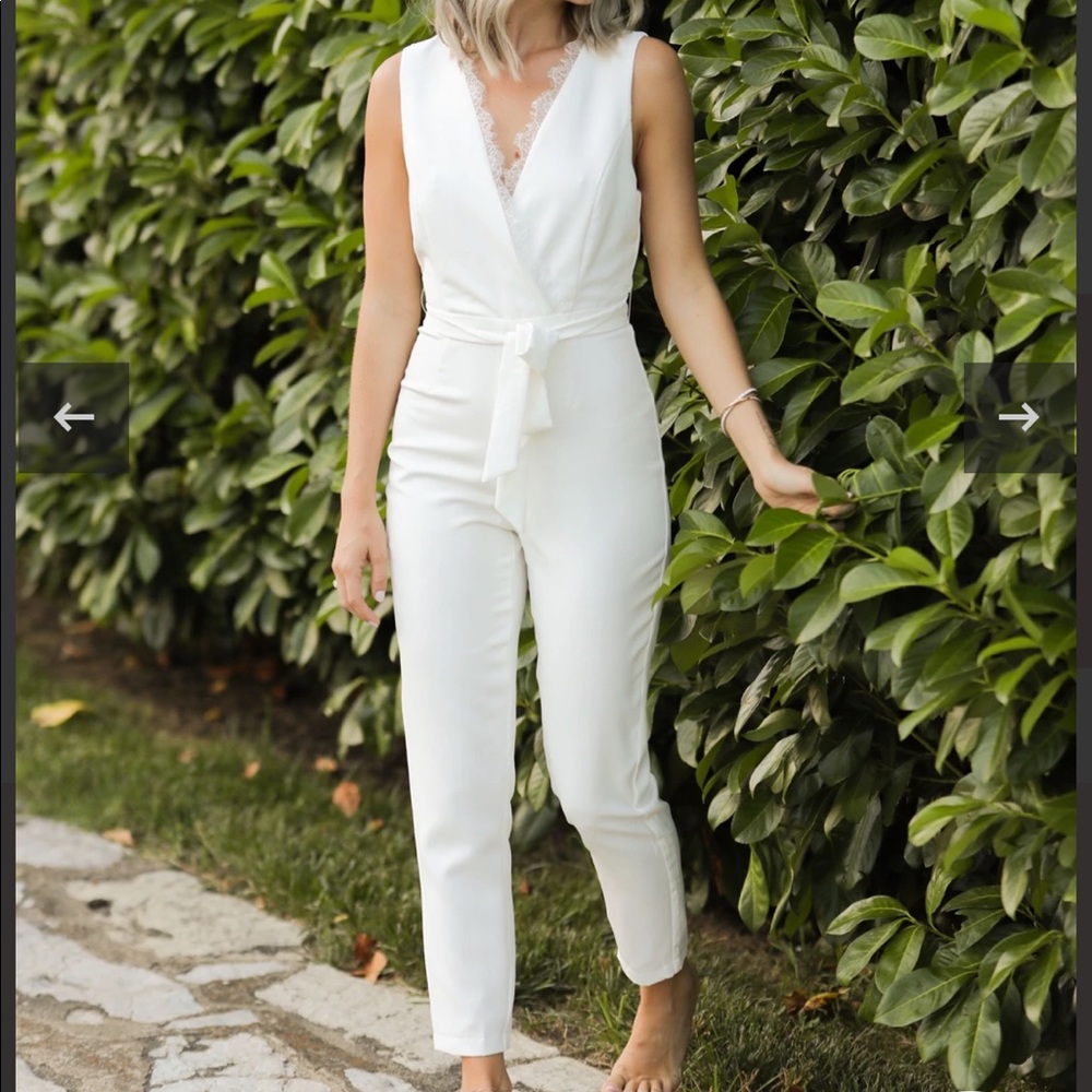White jumpsuit rehearsal dinner bridal shower bachelorette